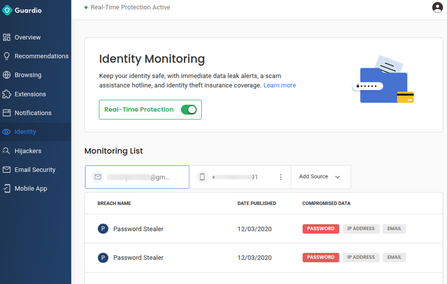 Guardio's identity monitoring dashboard