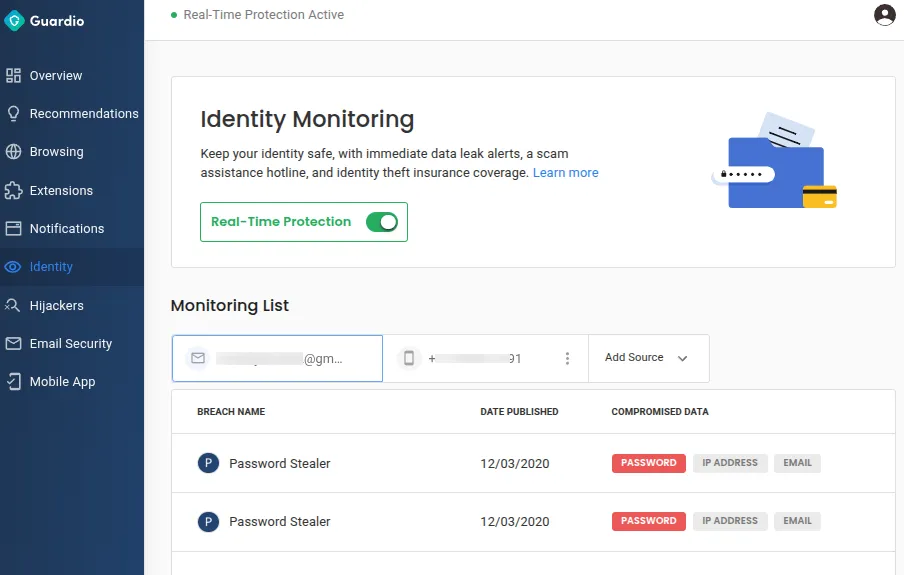 Guardio's identity monitoring dashboard