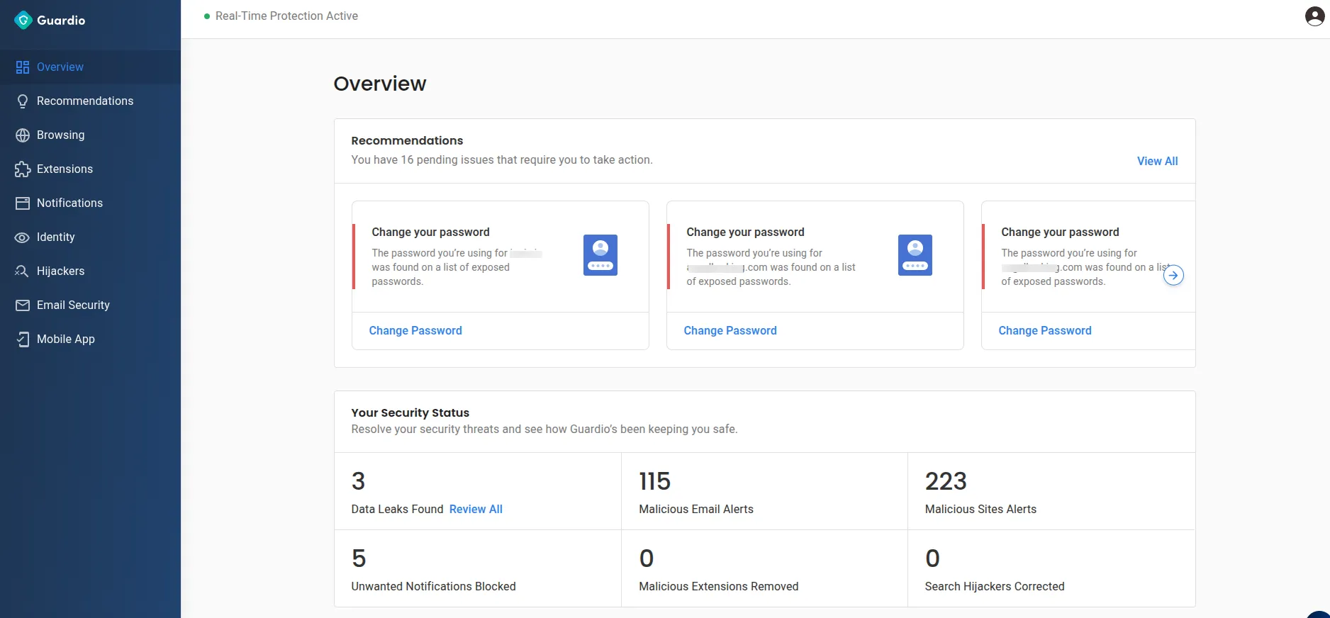 Guardio’s real-time protection activity shown.