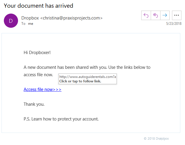 Dropbox scam email with the subject line "Your document has arrived"