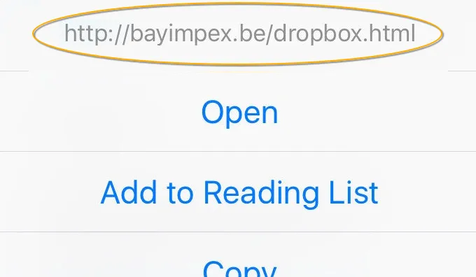 Fake Dropbox login page URL.