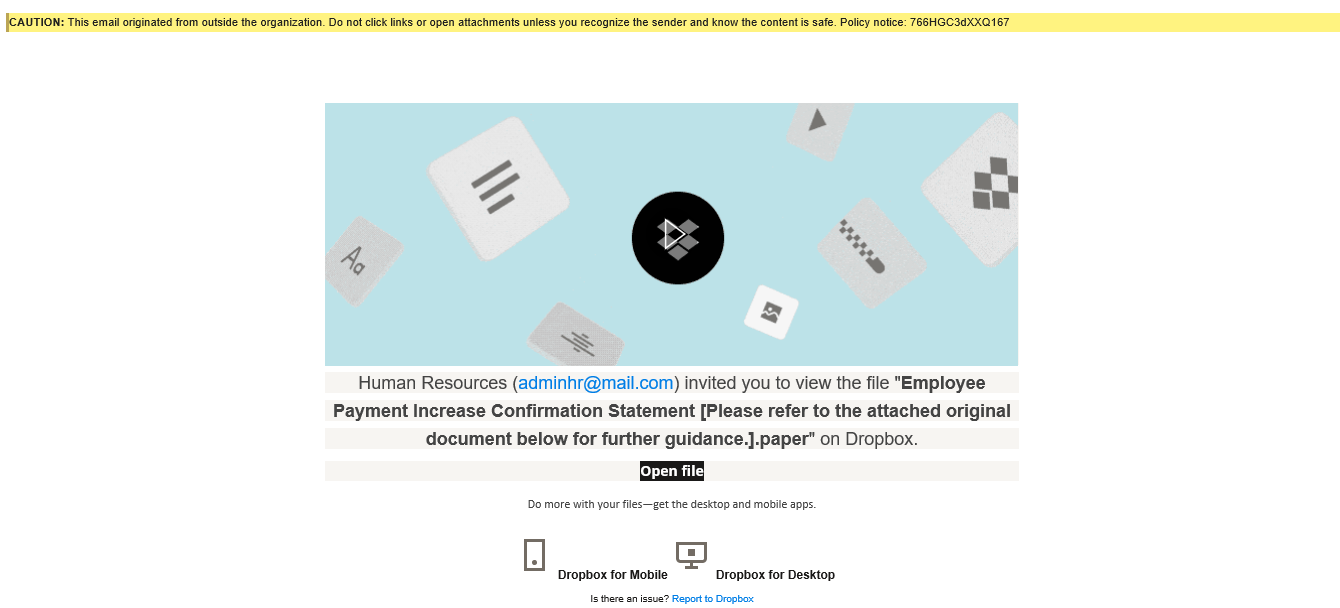 Dropbox scam email with an HR-themed subject line.