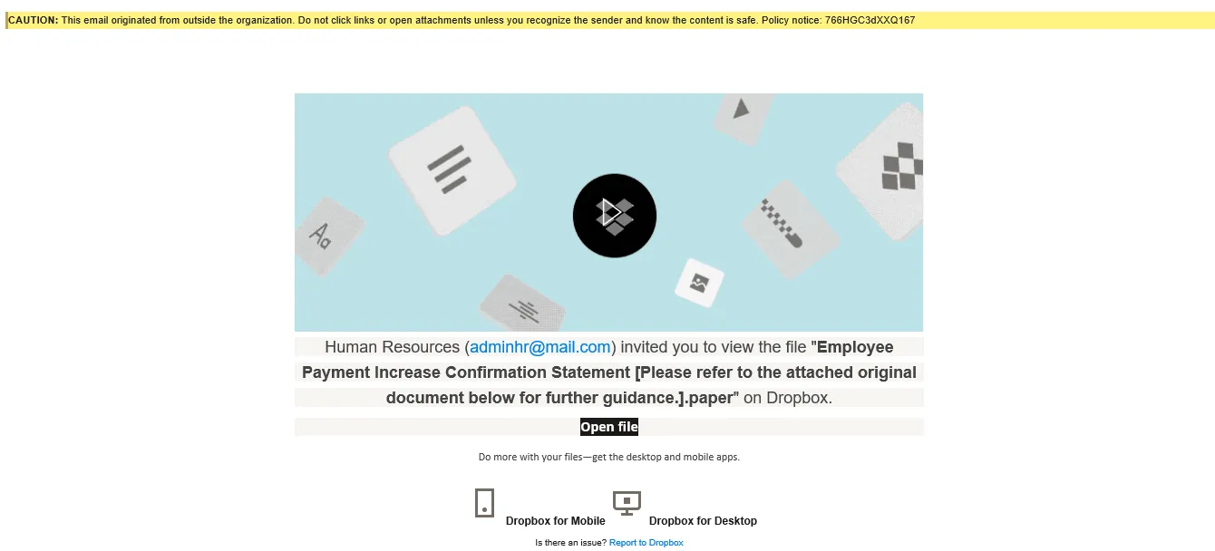 Dropbox scam email with an HR-themed subject line.