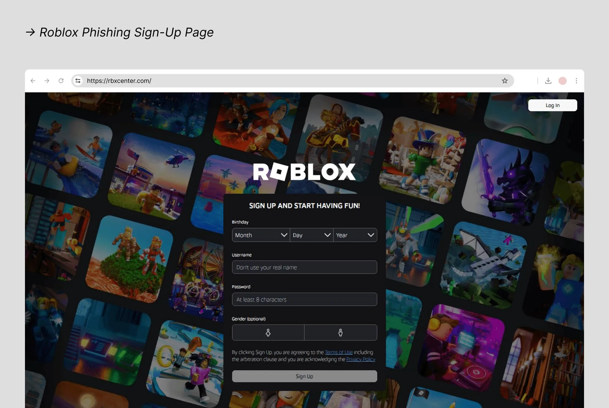 Fake Roblox sign-up page at rbxcenter.com designed to steal user credentials with login and registration form.