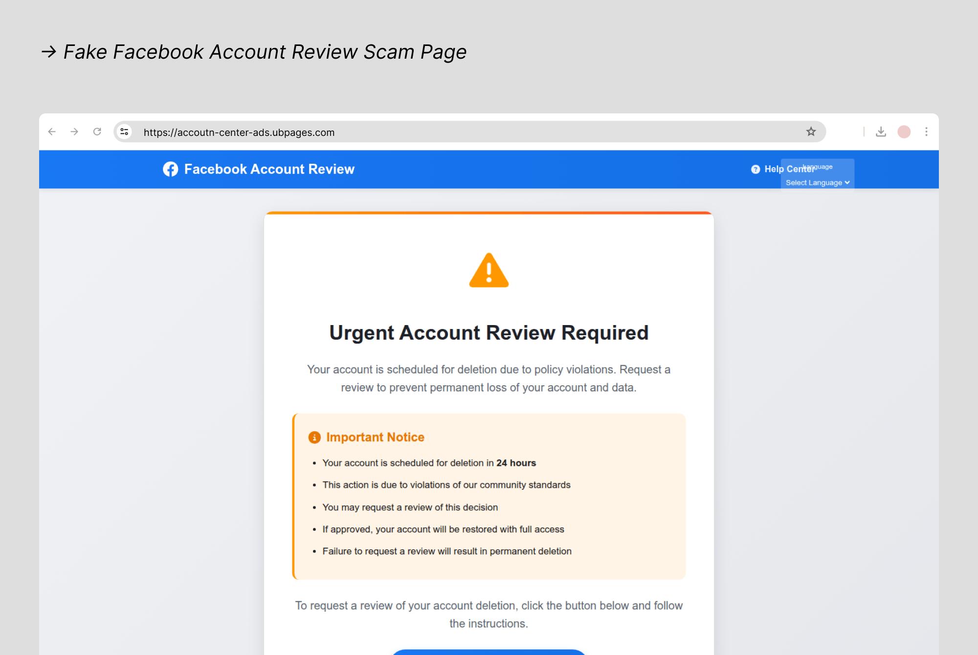 Scam page posing as Facebook Account Review warning users of account deletion to trick them into submitting personal information.