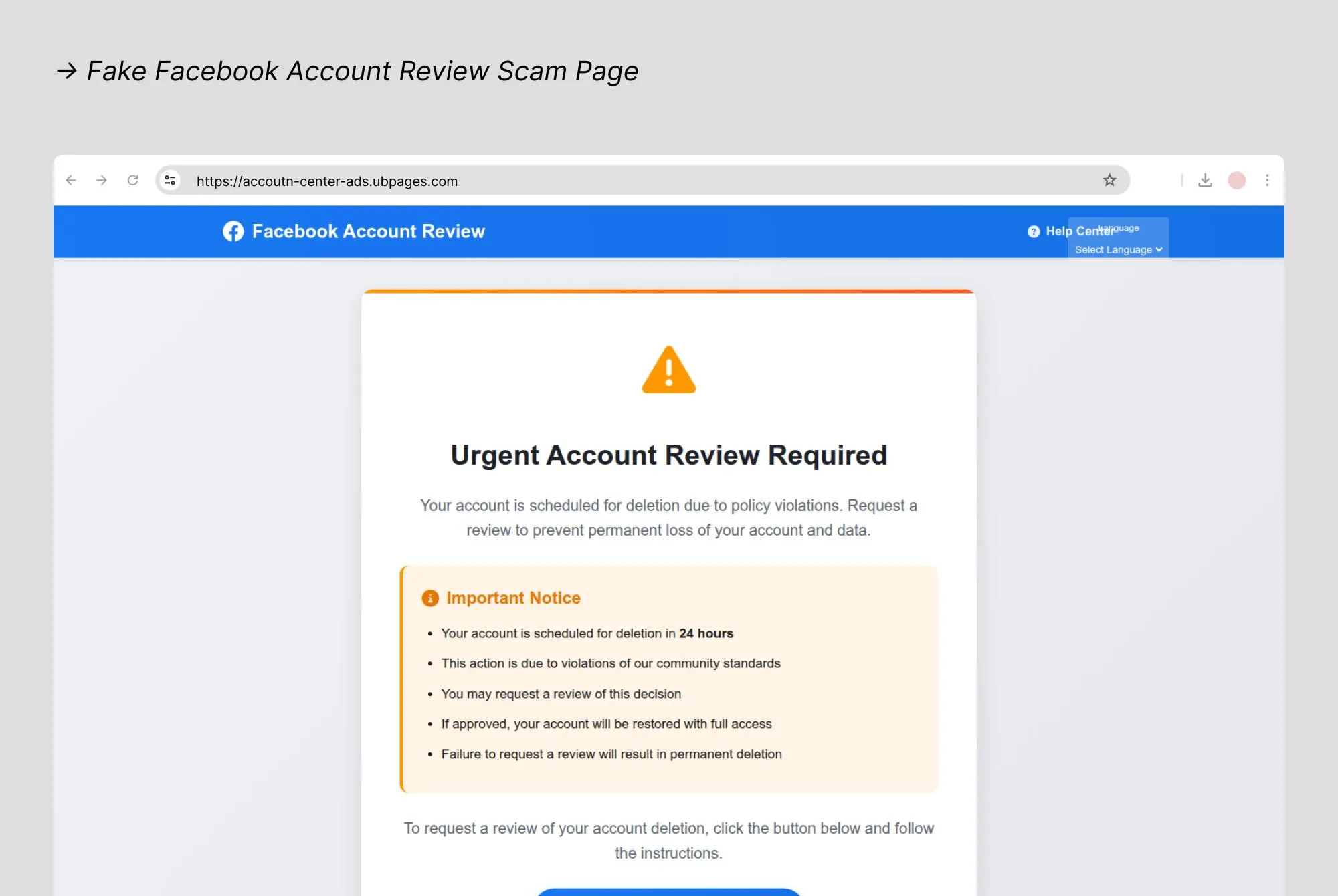 Scam page posing as Facebook Account Review warning users of account deletion to trick them into submitting personal information.