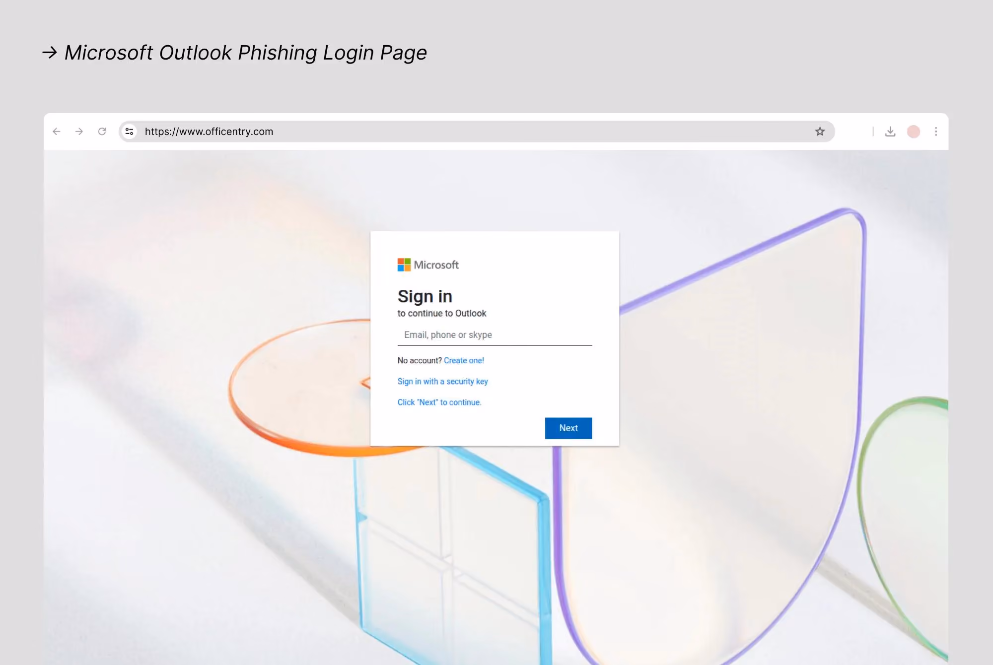 Phishing site mimicking Microsoft Outlook login page at offcentry.com to steal user email and password credentials