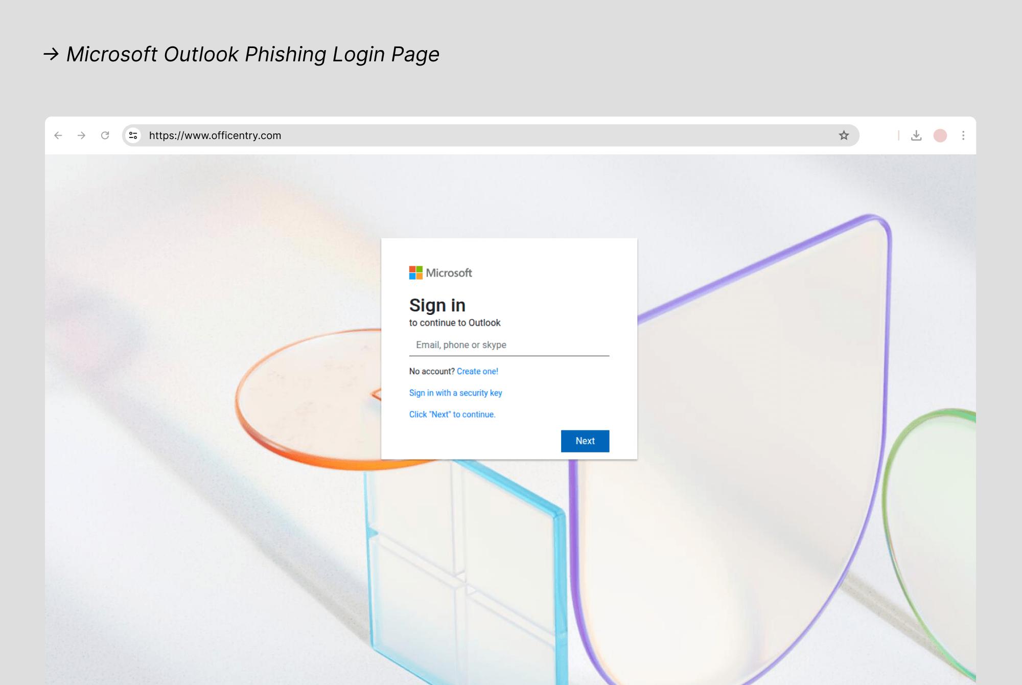 Phishing site mimicking Microsoft Outlook login page at offcentry.com to steal user email and password credentials