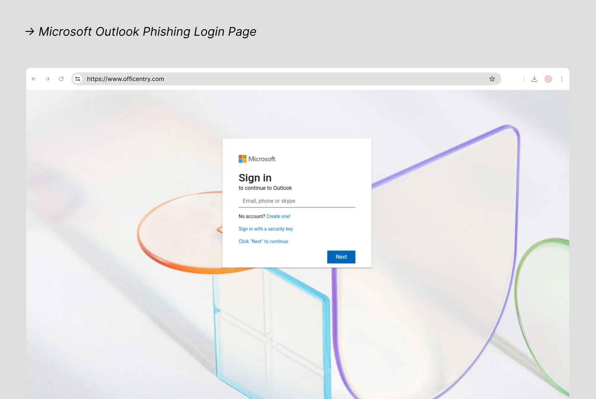 Phishing site mimicking Microsoft Outlook login page at offcentry.com to steal user email and password credentials