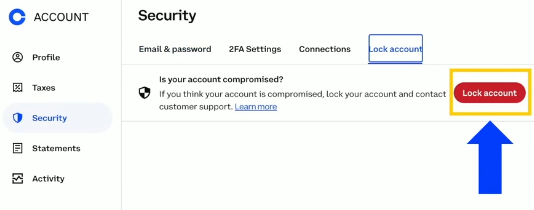 A screenshot shows the Coinbase account lock feature.