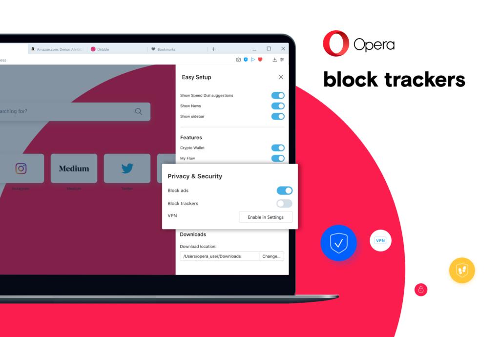 Opera’s product page showcasing their Privacy and Security feature that can block trackers and ads.