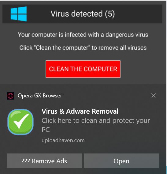 Pop-up in Windows machine by Opera GX Browser for fake virus detection.