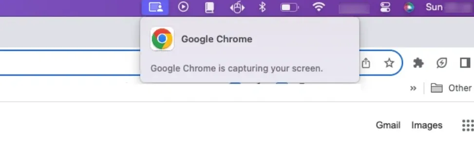 Browser pop-up to warn about screen capturing by Google Chrome.