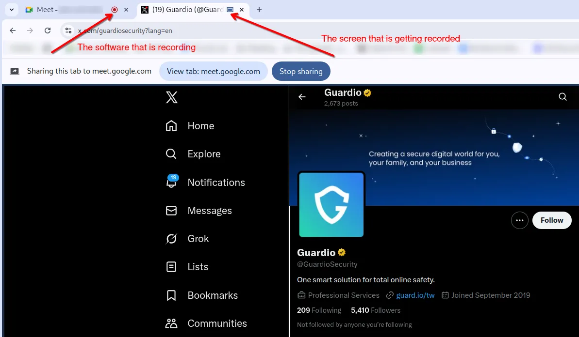 Guardio's X profile is displayed in a Chrome browser window with a warning about screen recording