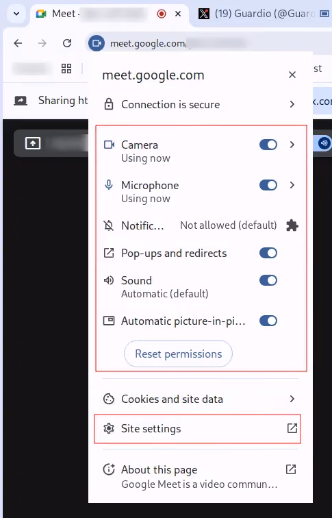 A site information pop-up in Chrome for meet.google.com showing the active permissions used by a site.