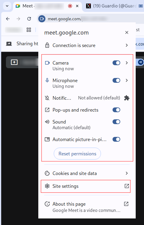 A site information pop-up in Chrome for meet.google.com showing the active permissions used by a site.