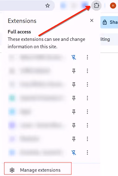 A Chrome pop-up listing extensions with Full access and pointing to the Manage extensions section.