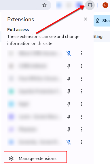 A Chrome pop-up listing extensions with Full access and pointing to the Manage extensions section.