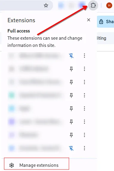 A Chrome pop-up listing extensions with Full access and pointing to the Manage extensions section.