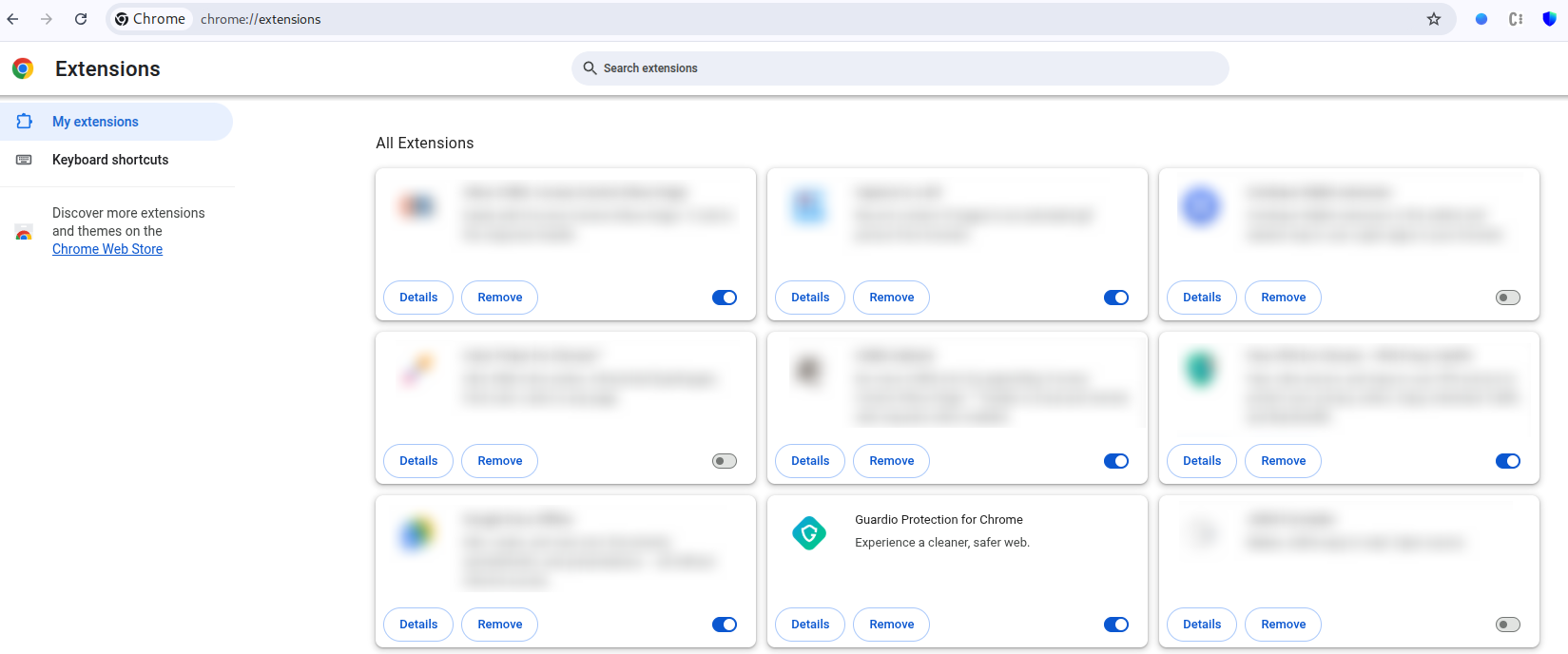 The Chrome Extensions management page.