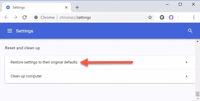 The Chrome Settings page, showing the Reset and clean up section