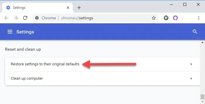 The Chrome Settings page, showing the Reset and clean up section