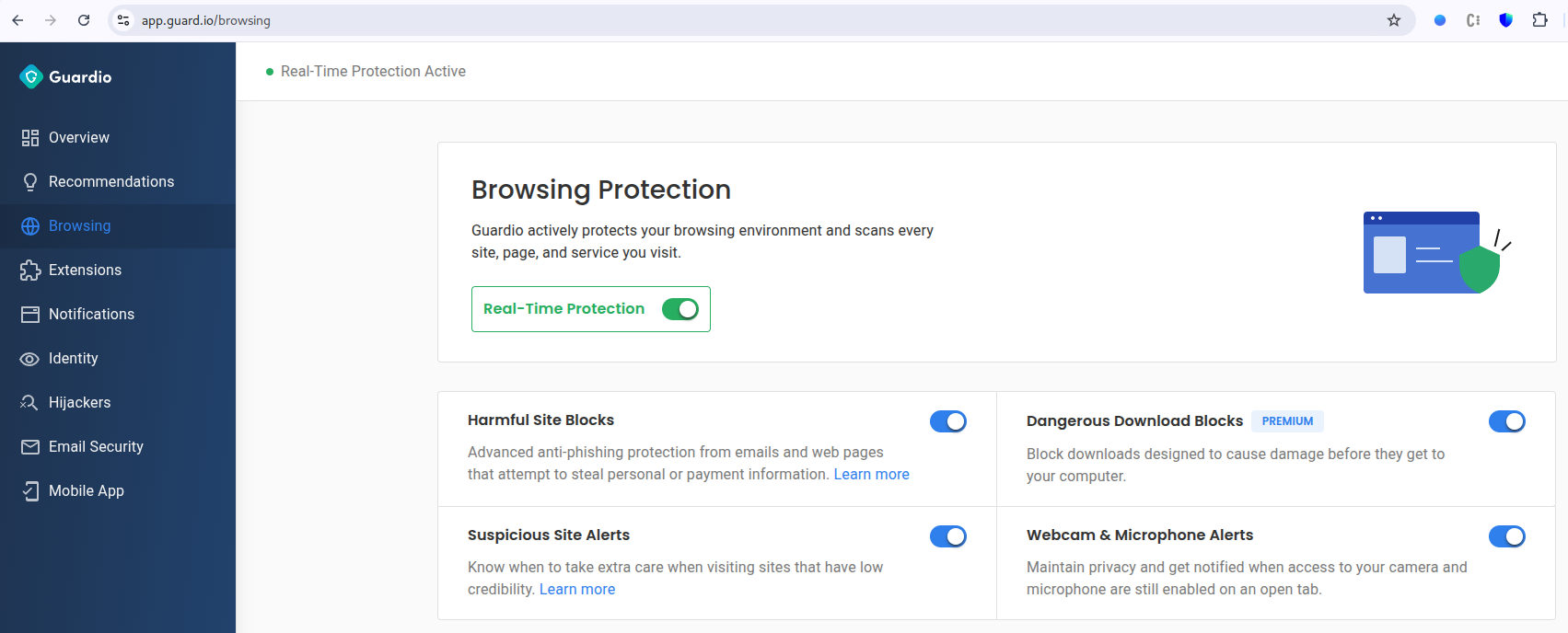 Guardio dashboard showing Browsing Protection along with toggles for several security features like Harmful Site Blocks and Webcam & Microphone Alerts.