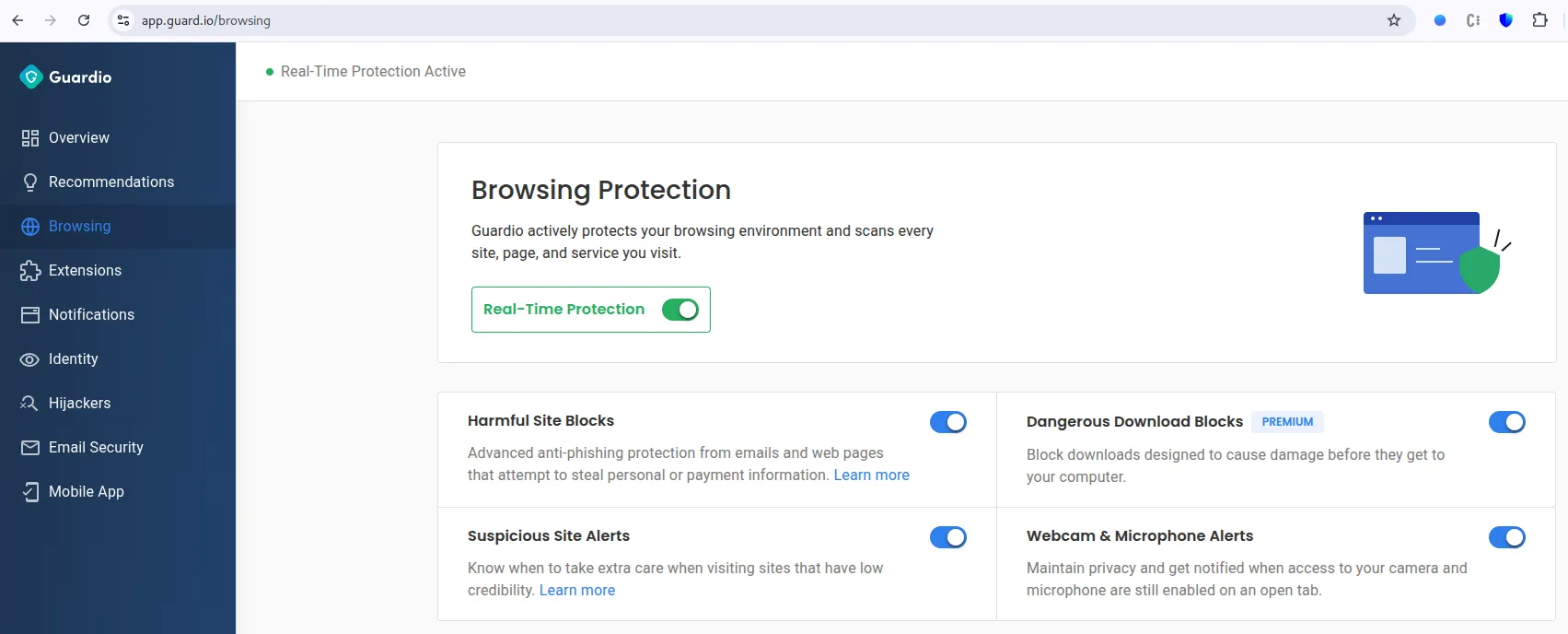 Guardio dashboard showing Browsing Protection along with toggles for several security features like Harmful Site Blocks and Webcam & Microphone Alerts.