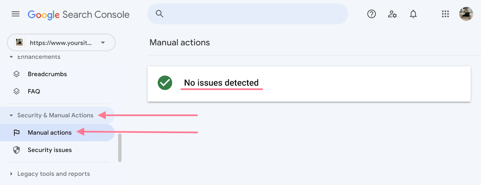 Google Search Console security issues dashboard highlighting warning status.