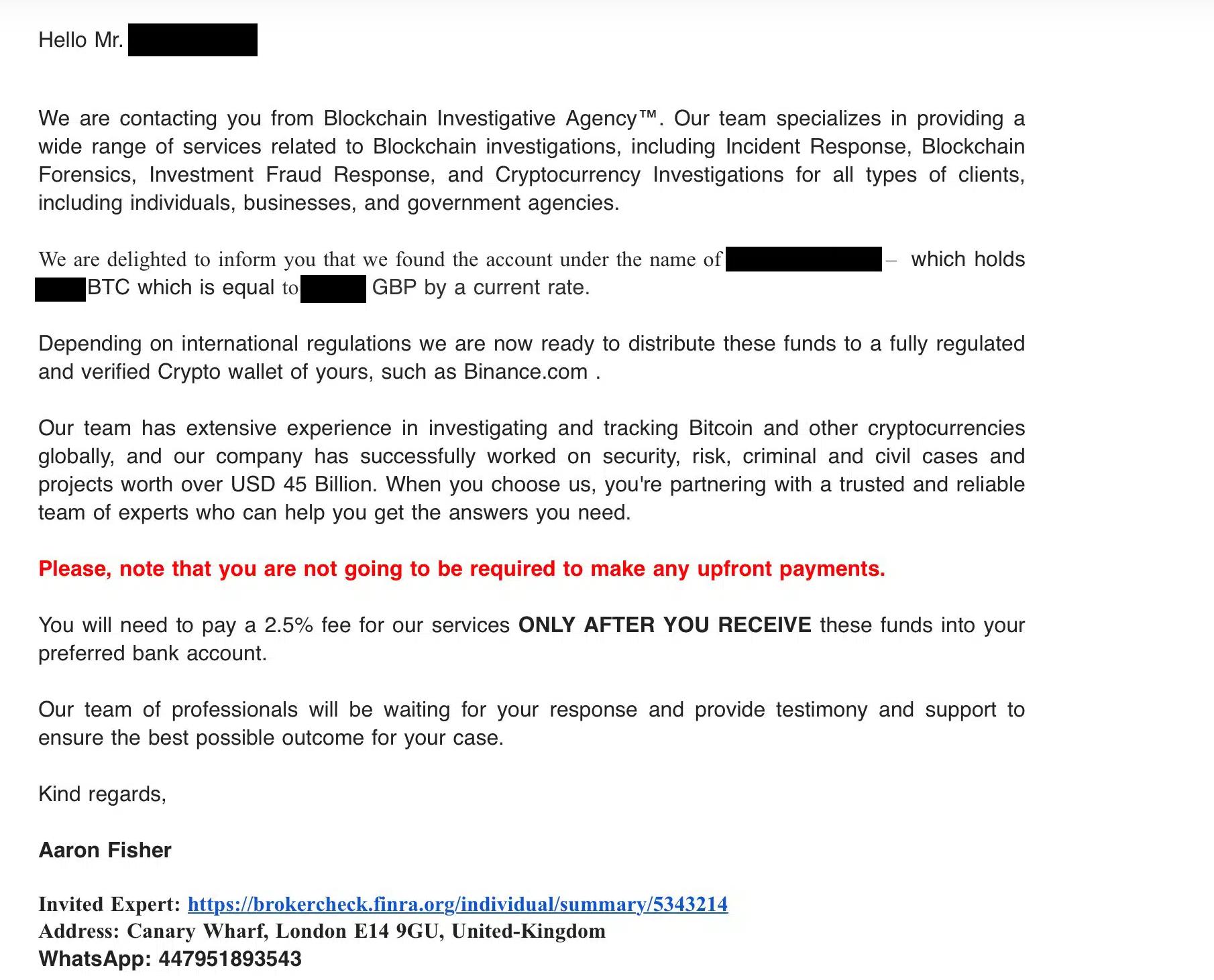 Mail from fake recovery services promising crypto refunds.