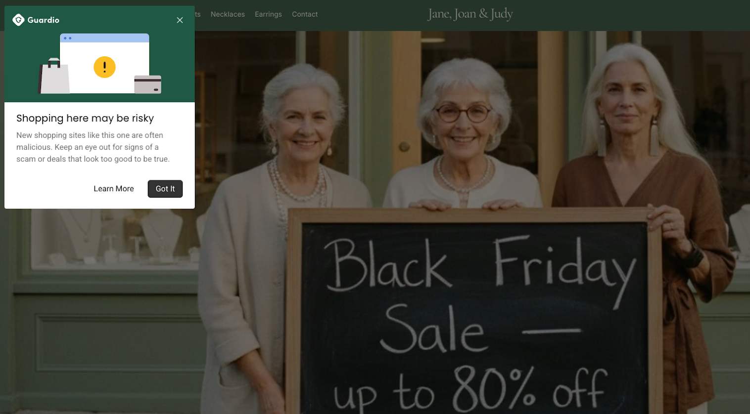 Warning popup on a shopping site with three women holding a Black Friday sale sign, alerting that the site may be risky or potentially malicious.