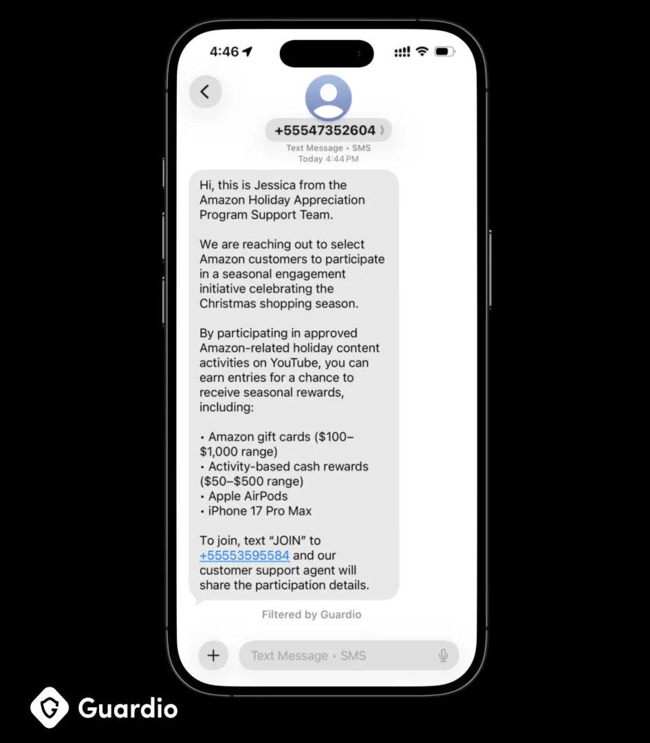 Amazon-themed scam text on a smartphone, offering fake holiday rewards and asking users to text a number to join.