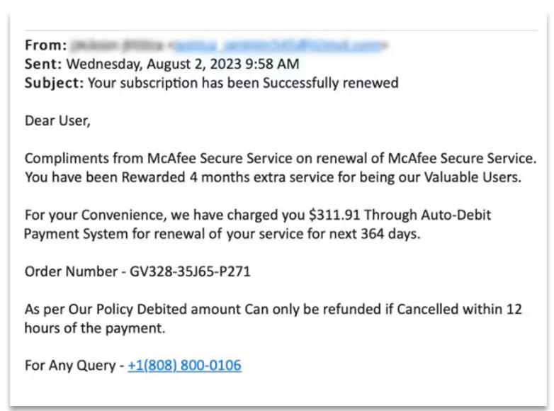 A phishing email pretending to be from McAfee