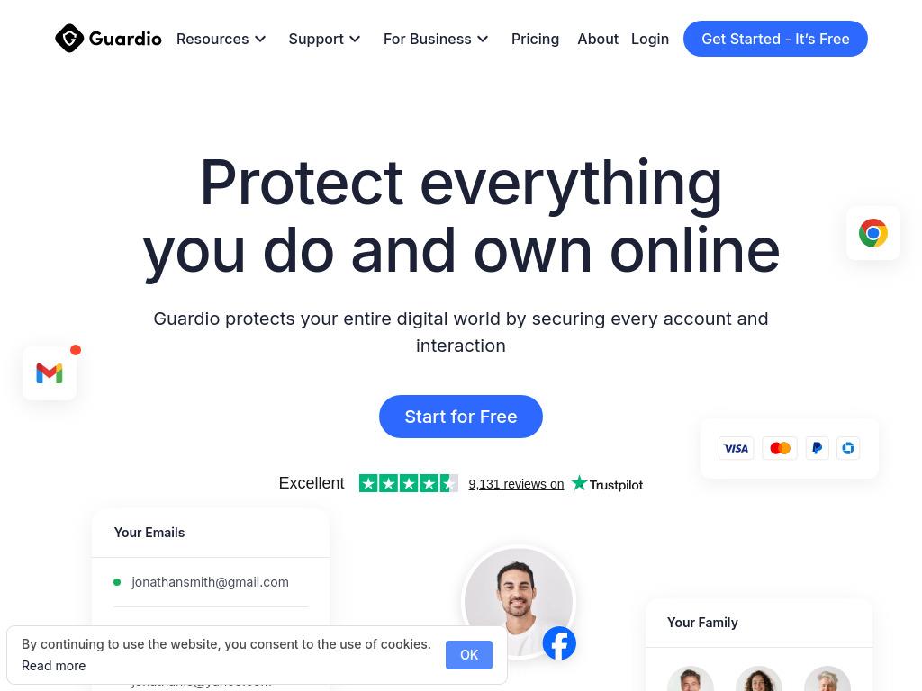 Guardio homepage showing “Protect everything you do and own online” headline.