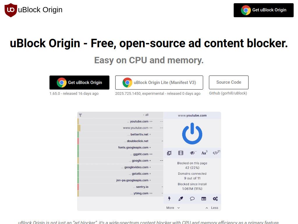 uBlock Origin website showing free open-source ad blocker for Chrome.