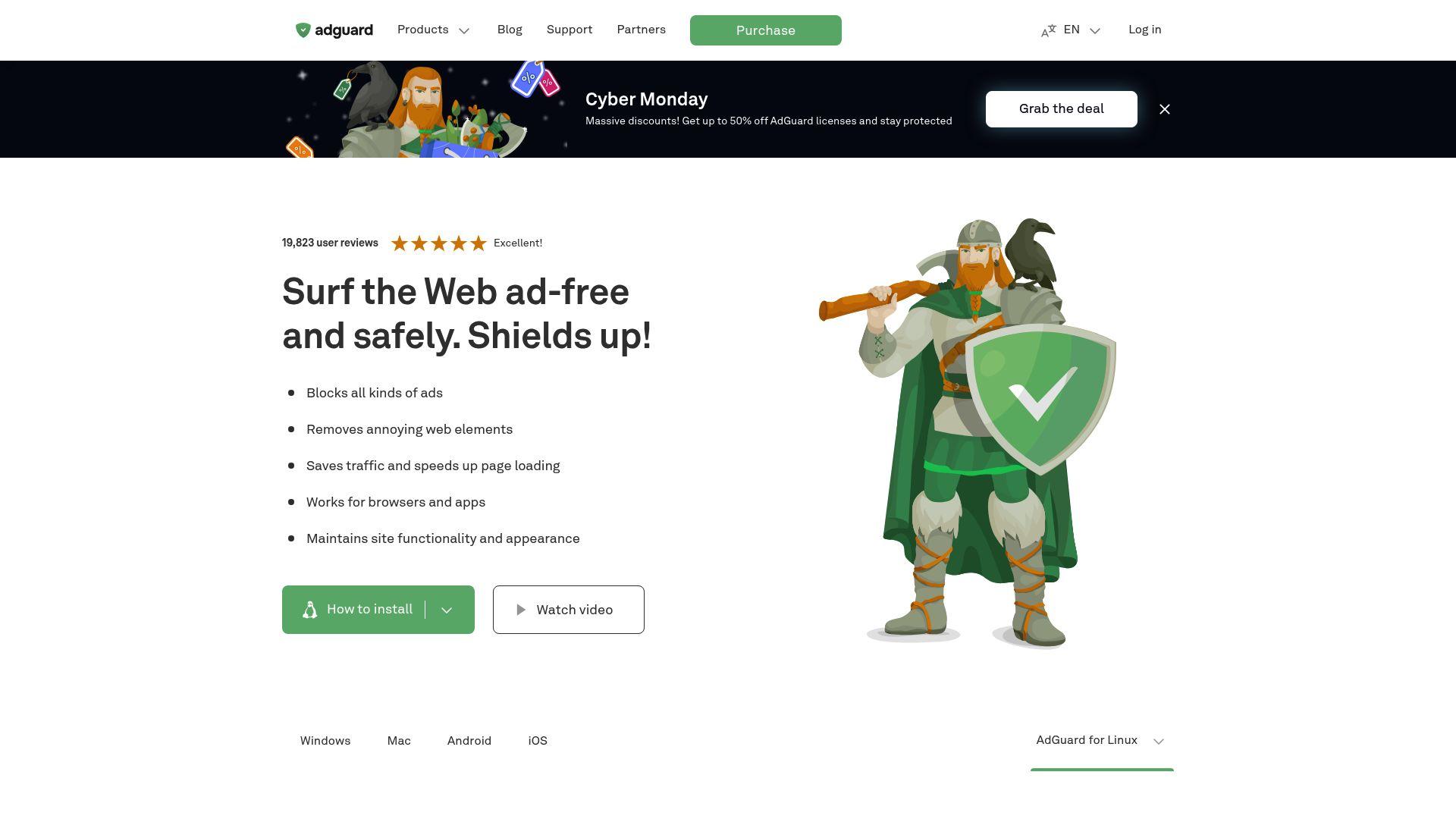 AdGuard homepage showing “Surf the Web ad-free and safely” headline.