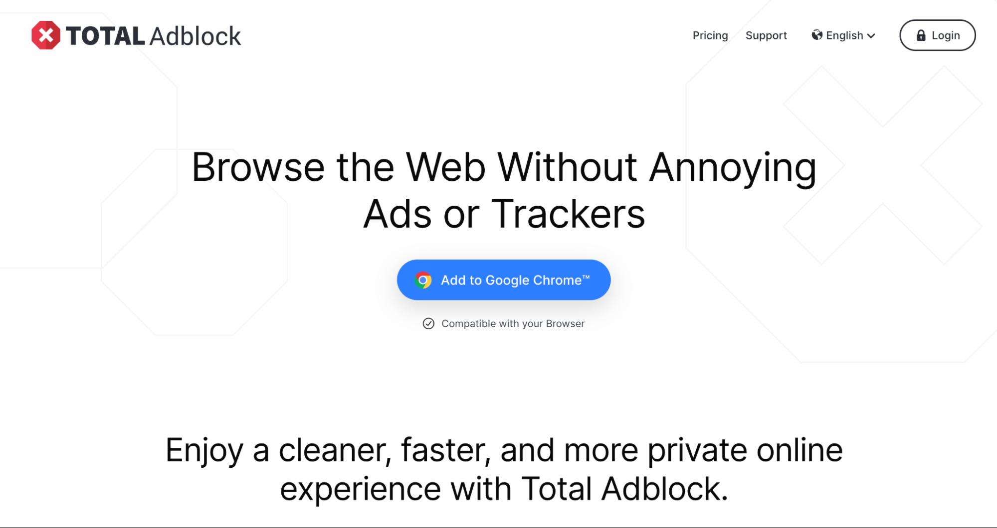 Total Adblock homepage showing “Browse the Web Without Annoying Ads or Trackers” headline and Add to Google Chrome button.