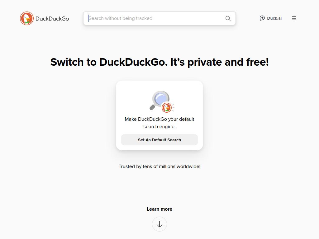 DuckDuckGo homepage showing “Switch to DuckDuckGo. It’s private and free!” message and prompt to set DuckDuckGo as default search engine.