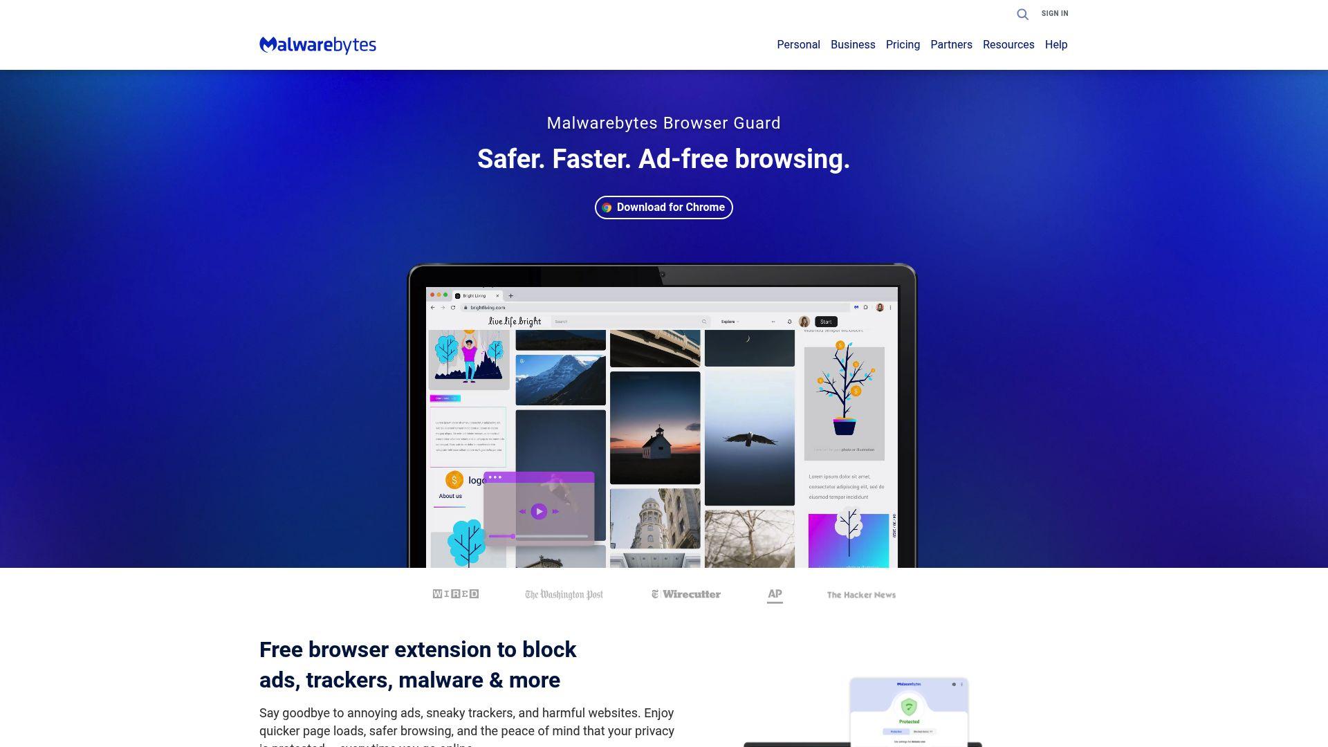 Malwarebytes Browser Guard page showing “Safer. Faster. Ad-free browsing,” Chrome download button, and preview of ad and malware blocking.