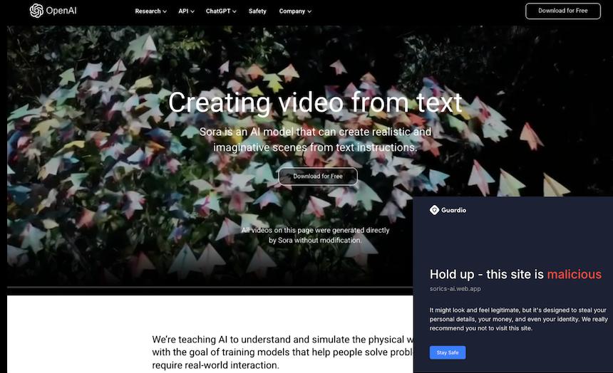 Screenshot of a webpage mimicking OpenAI’s Sora video tool, overlaid with a Guardio warning stating the site is malicious and unsafe to visit.