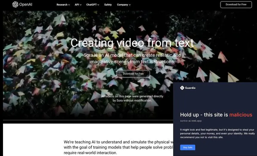 Screenshot of a webpage mimicking OpenAI’s Sora video tool, overlaid with a Guardio warning stating the site is malicious and unsafe to visit.