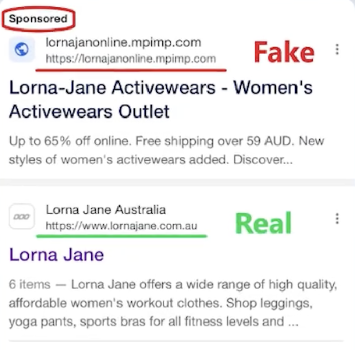 Comparison of search results showing a fake sponsored Lorna-Jane site with a suspicious URL above the real official Lorna Jane website result.