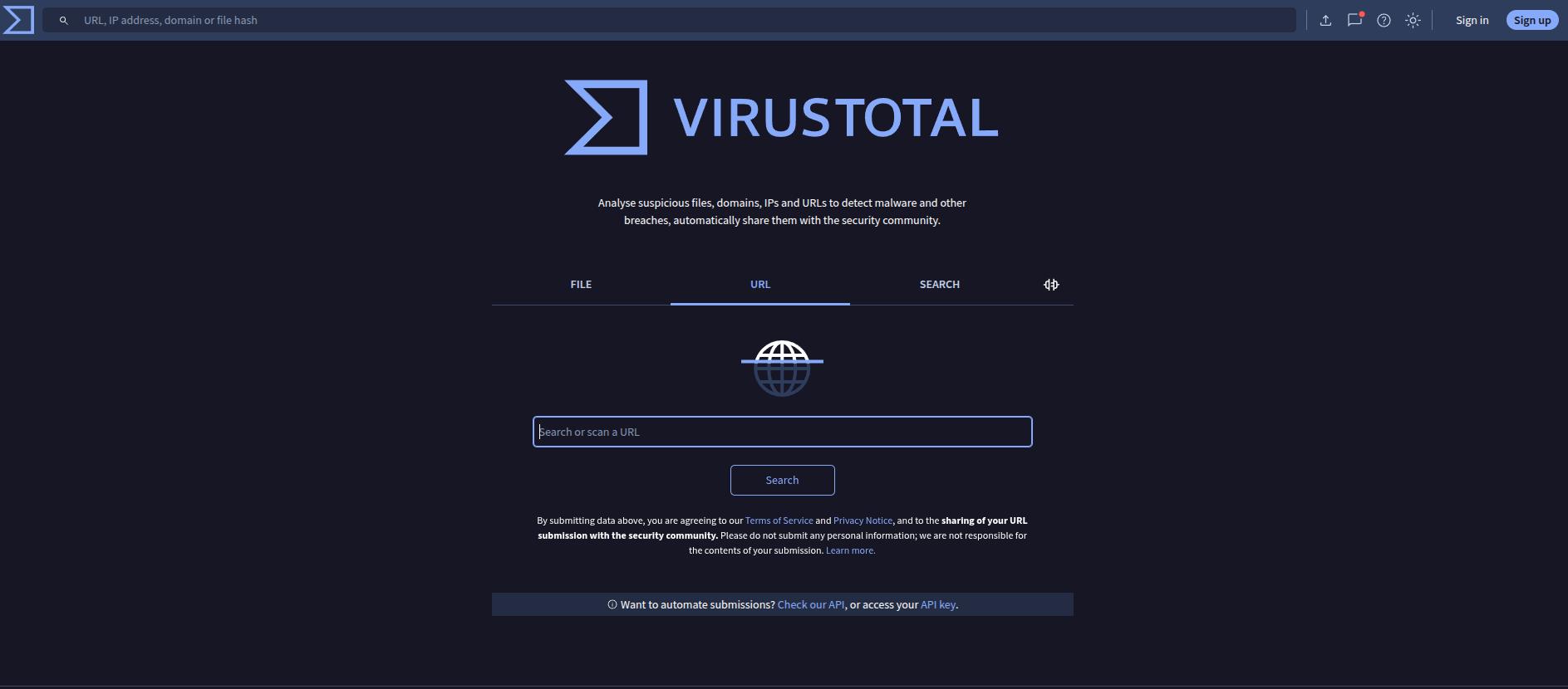 VirusTotal homepage showing a URL analysis interface where users can scan links to detect malware and security threats.