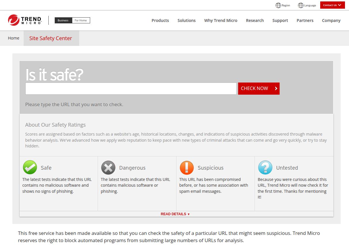 Trend Micro Site Safety Center page with a URL check tool, safety ratings, and indicators for safe, dangerous, suspicious, or untested sites.