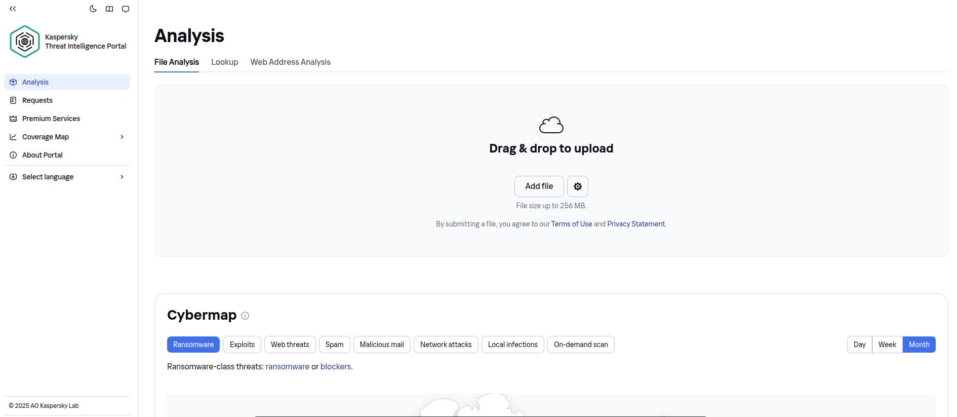 Kaspersky Threat Intelligence Portal showing a file analysis page with drag-and-drop upload, analysis options, and a cyber threat activity map.