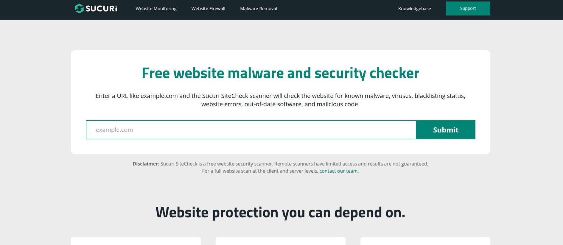 Sucuri website security checker page with a URL input field to scan sites for malware, blacklisting, and security issues.