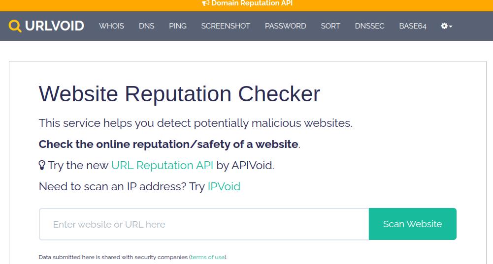 URLVoid website reputation checker page with a search field to scan websites for safety, reputation, and potential malicious activity.