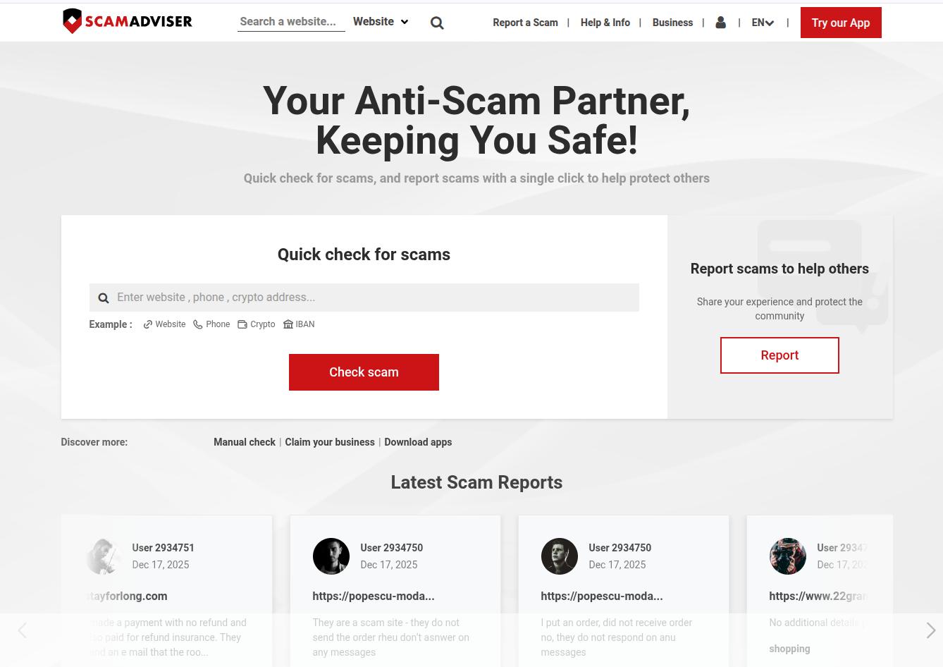 ScamAdviser homepage offering a scam check tool, reporting options, and recent scam reports to help users verify website safety.