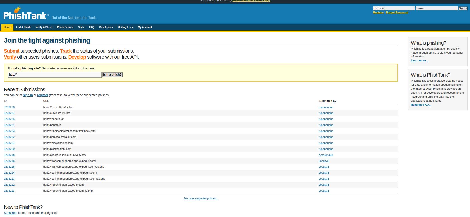 PhishTank homepage showing a phishing URL submission form, recent phishing reports, and tools to verify and track suspected phishing sites.
