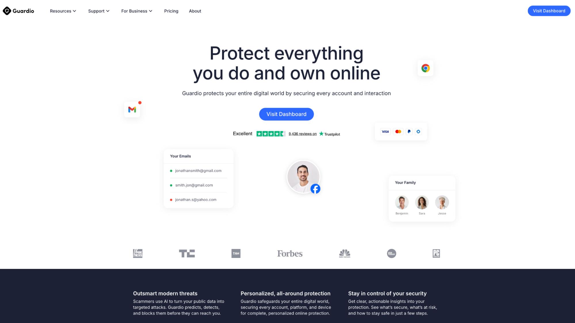 Guardio homepage hero showing “Protect everything you do and own online.”